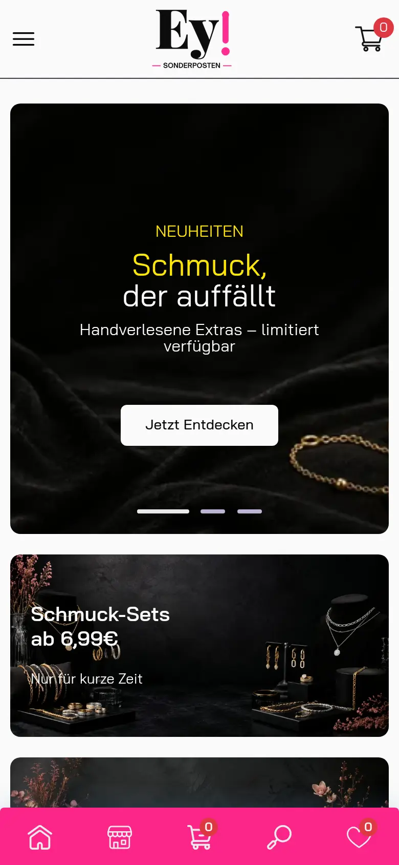 Ey! Sonderposten Mobile — App-Leiste und Hero
